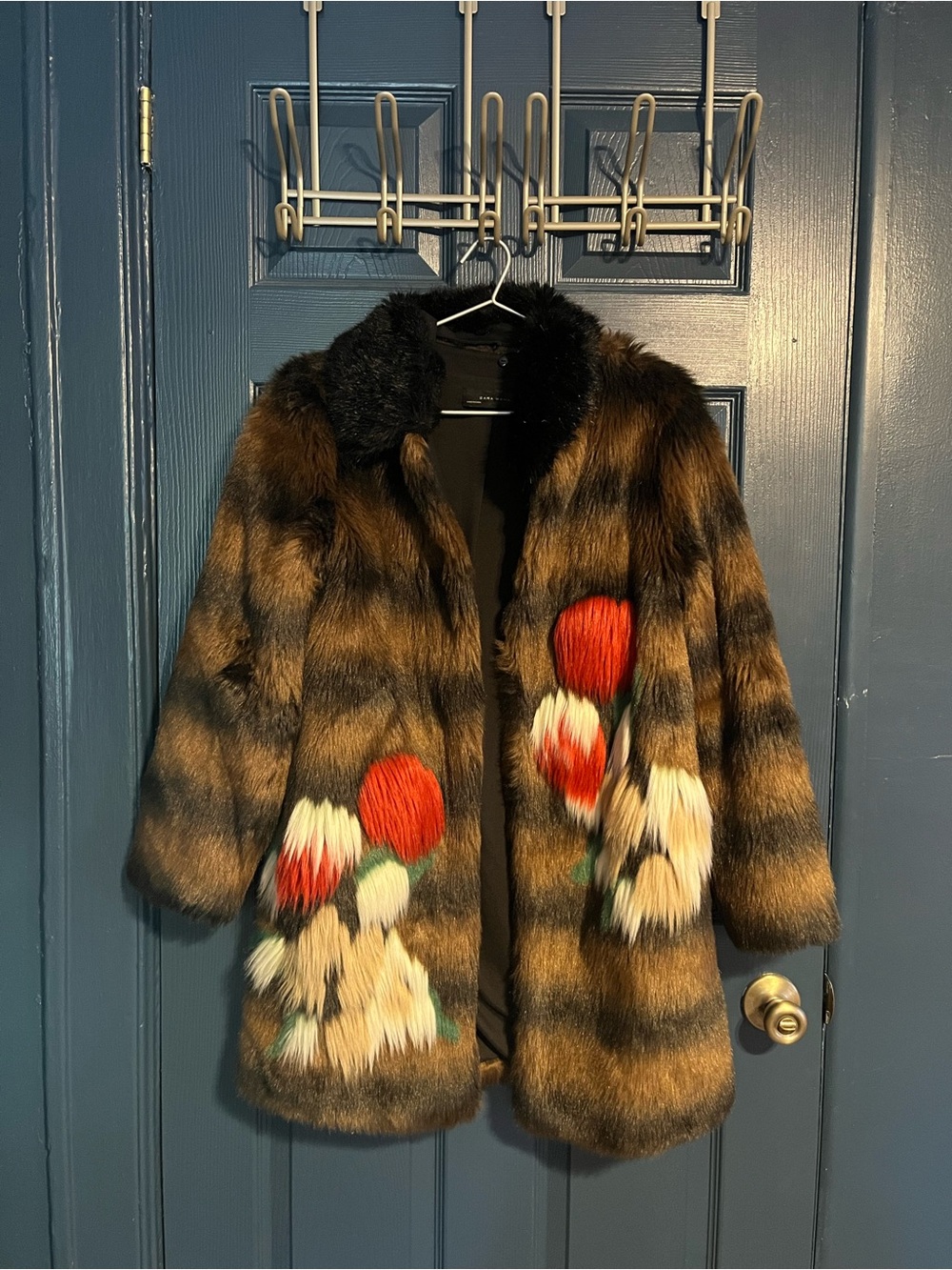 Zara Brown and Black Striped Teddy Coat with Floral Appliqué